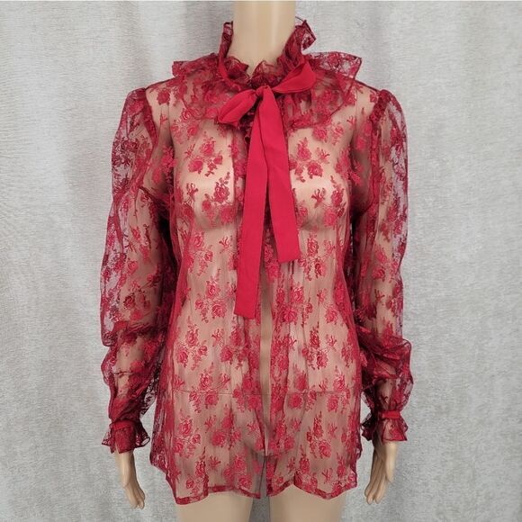 French Cherry Red See Through Lace Coquette Girl Long Sleeves Top Jacket - Picture 1 of 15